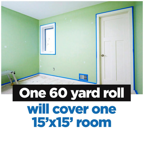 Room with green walls masked with Multi Surface Painter Tape Set, 0.94 Inch Wide Blue Masking Tape For Indoor And Outdoor Painting, 6 Rolls.