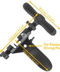 Pro Grade Bike Chain Rivet And Breaker Tool With Spare Driving Pin showing measurements and pin replacement feature