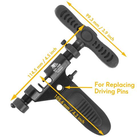 Pro Grade Bike Chain Rivet And Breaker Tool With Spare Driving Pin showing measurements and pin replacement feature