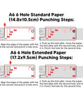 Diagram showing punching steps for A6 6-hole standard and extended paper using 3 Hole Punch Handheld Metal Round Punch Tool.