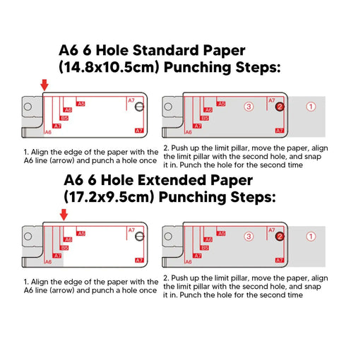 Diagram showing punching steps for A6 6-hole standard and extended paper using 3 Hole Punch Handheld Metal Round Punch Tool.