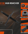 Heavy Duty Hub Removal Tool Wheel Bearing Puller 5 Lug 6 Lug 8 Lug Threaded Stud Extractor showing hub remover and accessories.