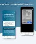 Screens showing setup of Wand Smart WiFi Module For X2 Sprinkler Controller with Hydrawise app, Bluetooth connection instructions