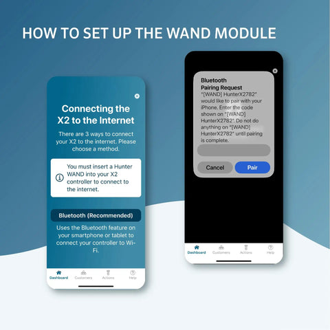 Screens showing setup of Wand Smart WiFi Module For X2 Sprinkler Controller with Hydrawise app, Bluetooth connection instructions