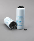 Rugged Spin On Fuel Filter With Built In Water Separator, Tough As Nails 10 Micron Composite Element, two filters on gray background.