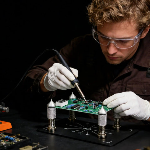 Person using a Magnetic Four Piece PCB Holder With Adjustable Arms Clamp Stand For Soldering Desoldering And Rework On Circuit Boards.