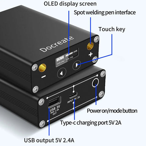 Front view of Beast 5500W Spot Welder Kit With 30 Adjustable Power Levels showing touch key, OLED display, and USB charging ports.