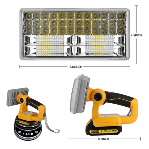 20V Max LED Flood Light for Dewalt Batteries 40W Portable Work Light with wide beam high output dimensions shown