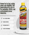 Industrial penetrating oil spray can with yellow cap, text emphasizes fast-acting and trusted performance for mechanics.