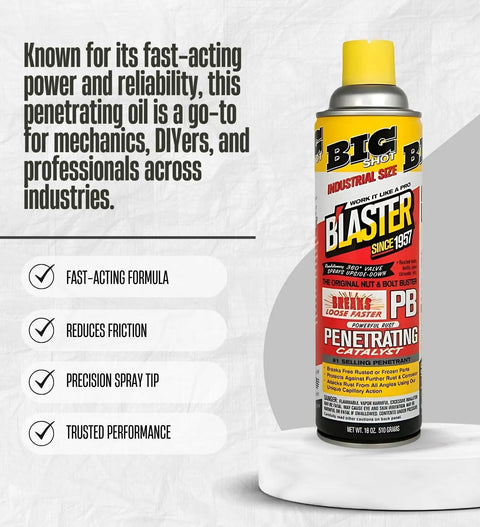 Industrial penetrating oil spray can with yellow cap, text emphasizes fast-acting and trusted performance for mechanics.