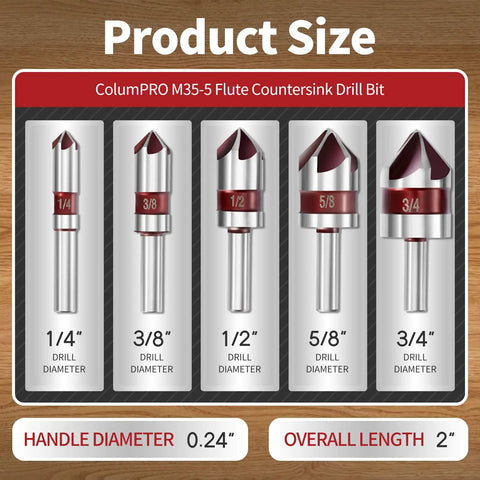 Five Piece Cobalt 5 Flute Countersink Drill Bit Set Heavy Duty M35 82 Degree Chamfer Tool Set For Metal Stainless Steel