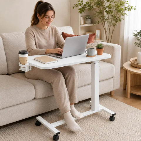 Smooth Operator Mobile Rolling Desk With Lockable Casters And Pneumatic Height Adjustment From Twenty Eight To Forty One Inches perfect overbed bedside table in bright white.
