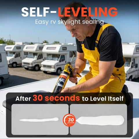 Four Pack Top Shelf Waterproof RV Roof Sealant High Flow Self Leveling Camper Adhesive in use for skylight sealing.