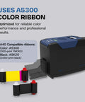Slick Dual Sided ID Card Printer Delivers Straight Photo Quality Prints At 300 By 600 DPI with A5300 color ribbon for professional results.