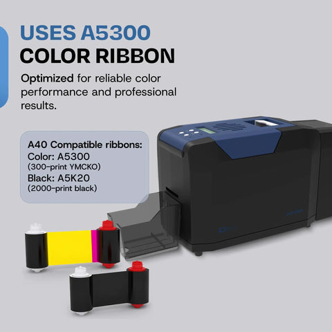 Slick Dual Sided ID Card Printer Delivers Straight Photo Quality Prints At 300 By 600 DPI with A5300 color ribbon for professional results.