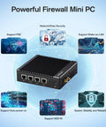 No Fuss Fanless Firewall Mini Pc Packed With Intel J3710 Chips And Four Rock Solid Gigabit Lan Ports MSATA SSD Slot And AES NI Encryption Built Right For Network Gateway, black mini PC with four LAN ports.