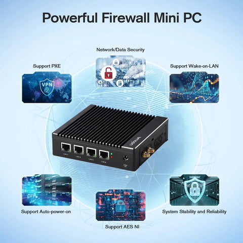 No Fuss Fanless Firewall Mini Pc Packed With Intel J3710 Chips And Four Rock Solid Gigabit Lan Ports MSATA SSD Slot And AES NI Encryption Built Right For Network Gateway, black mini PC with four LAN ports.