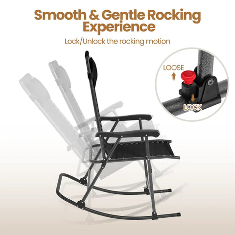 26 Inch Zero Gravity Outdoor Rocking Chairs Set Of 2 Foldable Loungers With Phone Holder and Locking Mechanism Detail