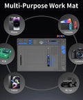 Heat Resistant Soldering Mat For Electronics Repair with tools and compartments, displayed with devices like phone, console, and PCB.