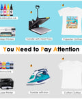 Comparison chart showing do's and don'ts of sublimation printing on polyester vs cotton clothes using heat press and iron.
