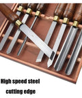Dead Simple Wood Chisel Set Built Insanely Tough With High Carbon Steel Blades For Quick Wood Carving And Lathe Turning An Absolute Must Have Carpenter Gear Pack Kept Safe Inside A Classic Wooden Toolbox, showcasing high-speed steel chisels in a wooden box.