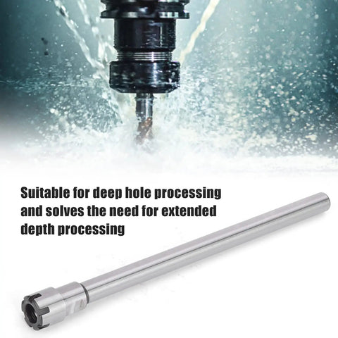 Heavy Duty ER11M 150L Collet Chuck Holder With Straight Shank Extension For Lathe And CNC Milling Tools in action during deep hole drilling.