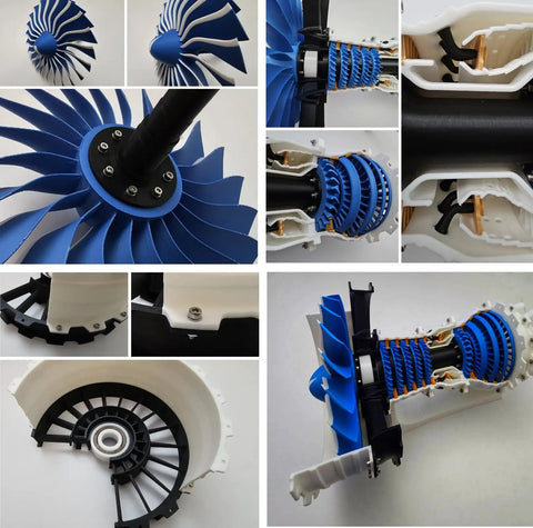 Jet Engine Model Components Kit For Bambu Lab Makerworld MH006 showing blue rotor blades and assembled components for DIYers