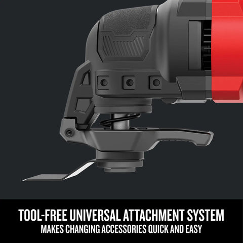 Corded Oscillating Tool Kit With 3 Amp Motor Tool Free Universal Attachment System Blades Sandpaper And Tool Bag Versatrack Compatible All In One Diy Power Tool For Varying Finish Cut And Sand Jobs featuring a close-up of universal attachment system