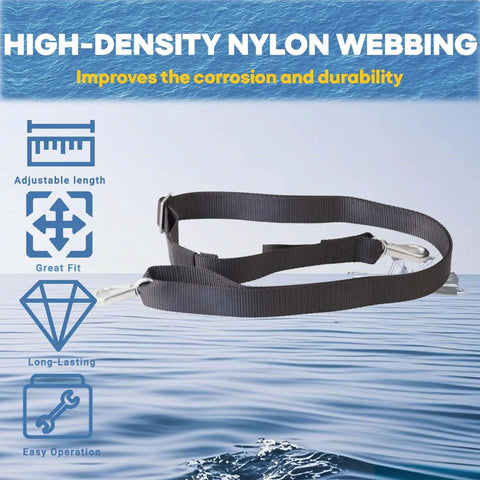 Adjustable Black Bimini Top Straps Set For Boats with stainless steel snap hooks on blue background showing nylon webbing