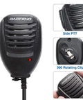 Walkie Talkie Microphone For UV 5R And Other Ham Radios With 3.5mm Jack And 360 Degree Stainless Steel Clip front and side view
