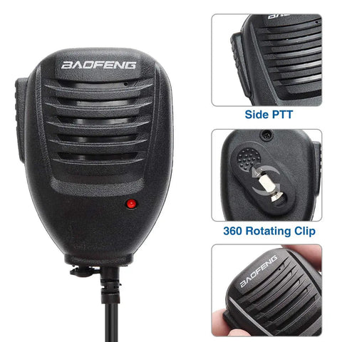 Walkie Talkie Microphone For UV 5R And Other Ham Radios With 3.5mm Jack And 360 Degree Stainless Steel Clip front and side view