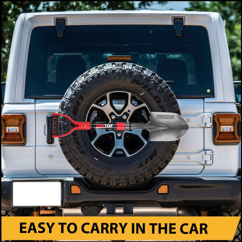 Compact Mini Shovel With Fiberglass Handle for car trips, 28-inch, attached to vehicle spare tire, visible non-slip Y grip