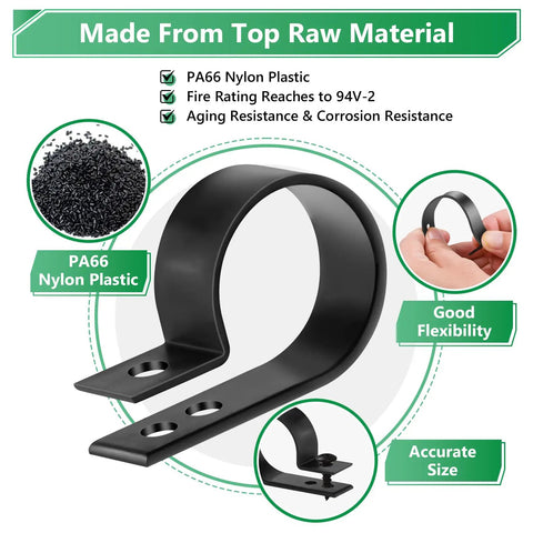 Dope Cable Management Clips Kit With Nylon R Type Fasteners, showing PA66 material and flexibility.
