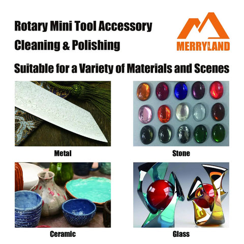 Rotary tool cleaning and polishing accessories for metal, stone, ceramic, and glass with Merryland branding