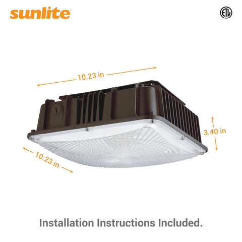 LED Outdoor Canopy Light Fixture With Power Selectable 30W, 40W Or 60W, bronze finish, dimensions labeled, ETL listed