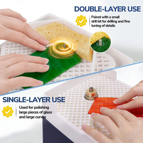 Dual Layer Stained Glass Grinder With Four Size Diamond Bits For Rapid Coarse Grinding And Butter Smooth Fine Polishing Professional Art Tooling in use on glass.