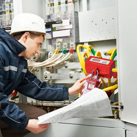 Industrial Lockout Tagout Kit For Electrical Safety With Locks And Clamp On Breaker Locks used by a worker on an electrical panel.