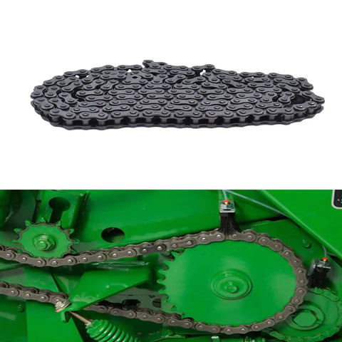 Top view of a 40 Roller Chain 10 Feet With 2 Connecting Links laid out, shown in green machinery installation context.