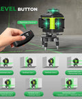 Pro Grade 16 Line Laser Level 360 Self Leveling With 4X360 4D Green Cross Lines Two Batteries Adjustable Brightness And Remote Control Built For Tiling Floor Install Construction And Picture Hanging in use with remote.