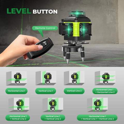 Pro Grade 16 Line Laser Level 360 Self Leveling With 4X360 4D Green Cross Lines Two Batteries Adjustable Brightness And Remote Control Built For Tiling Floor Install Construction And Picture Hanging in use with remote.