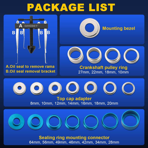 Crankshaft Oil Seal Installer And Remover Tool Kit With Seal Drive Set showing adapters and connectors for seal replacement.