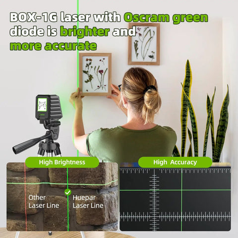 Green Cross Line Laser Level With 26 Inch Tripod, Self Leveling 150 Degree Beam, 150 Ft Indoor Range And 197 Ft Outdoor Pulse Mode, Worksite Ready For Pics, Picture Hanging, Tile, DIY And Construction Projects. Self-leveling green laser on tripod for hanging a framed picture.
