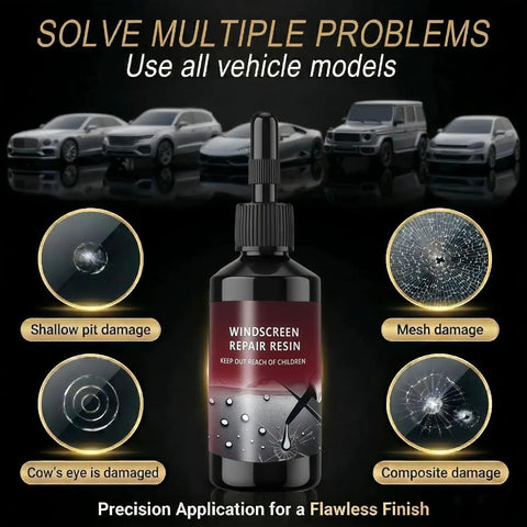 Windshield Crack Repair Kit For All Crack Types, featuring nano glass repair liquid and images of repair examples like shallow pit damage.