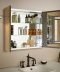 Bathroom Medicine Cabinet With Mirror, Double Beveled Doors open, showing recessed wall mount, adjustable tempered-glass shelves