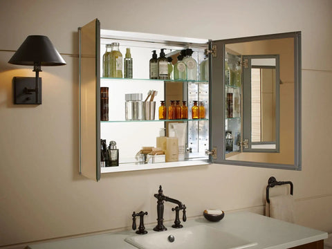 Bathroom Medicine Cabinet With Mirror, Double Beveled Doors open, showing recessed wall mount, adjustable tempered-glass shelves