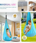 Ultra Comfy Kids Swing Seat Hammock Chair for Indoor or Outdoor Use with nylon seat, hanging in bedroom and garden.