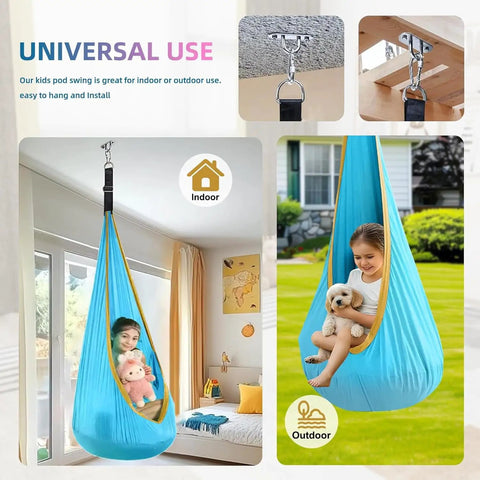 Ultra Comfy Kids Swing Seat Hammock Chair for Indoor or Outdoor Use with nylon seat, hanging in bedroom and garden.