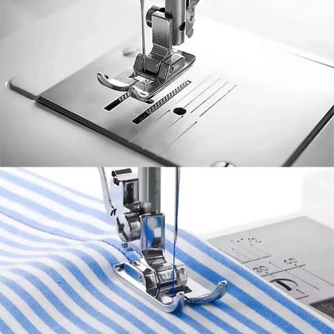 Front view of two metal snap-on presser feet for domestic sewing machines: zigzag and straight stitch