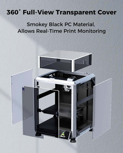 K1 SE Enclosure Pro Grade 360 Degree View With Constant Temperature for 3D Printing; smokey black transparent cover open.