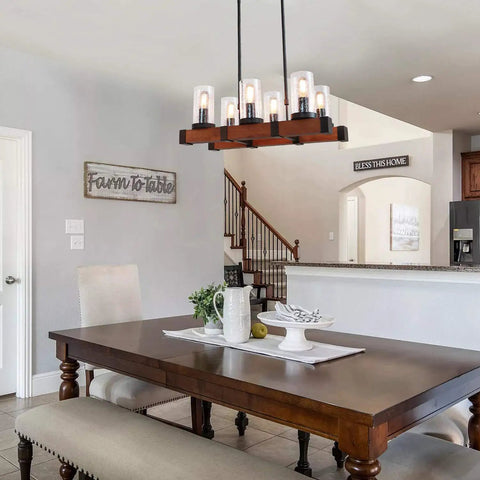 Farmhouse Dining Room Chandelier With 6 Glass Shade Lights, Vintage Pendant Lighting Fixture over dining table